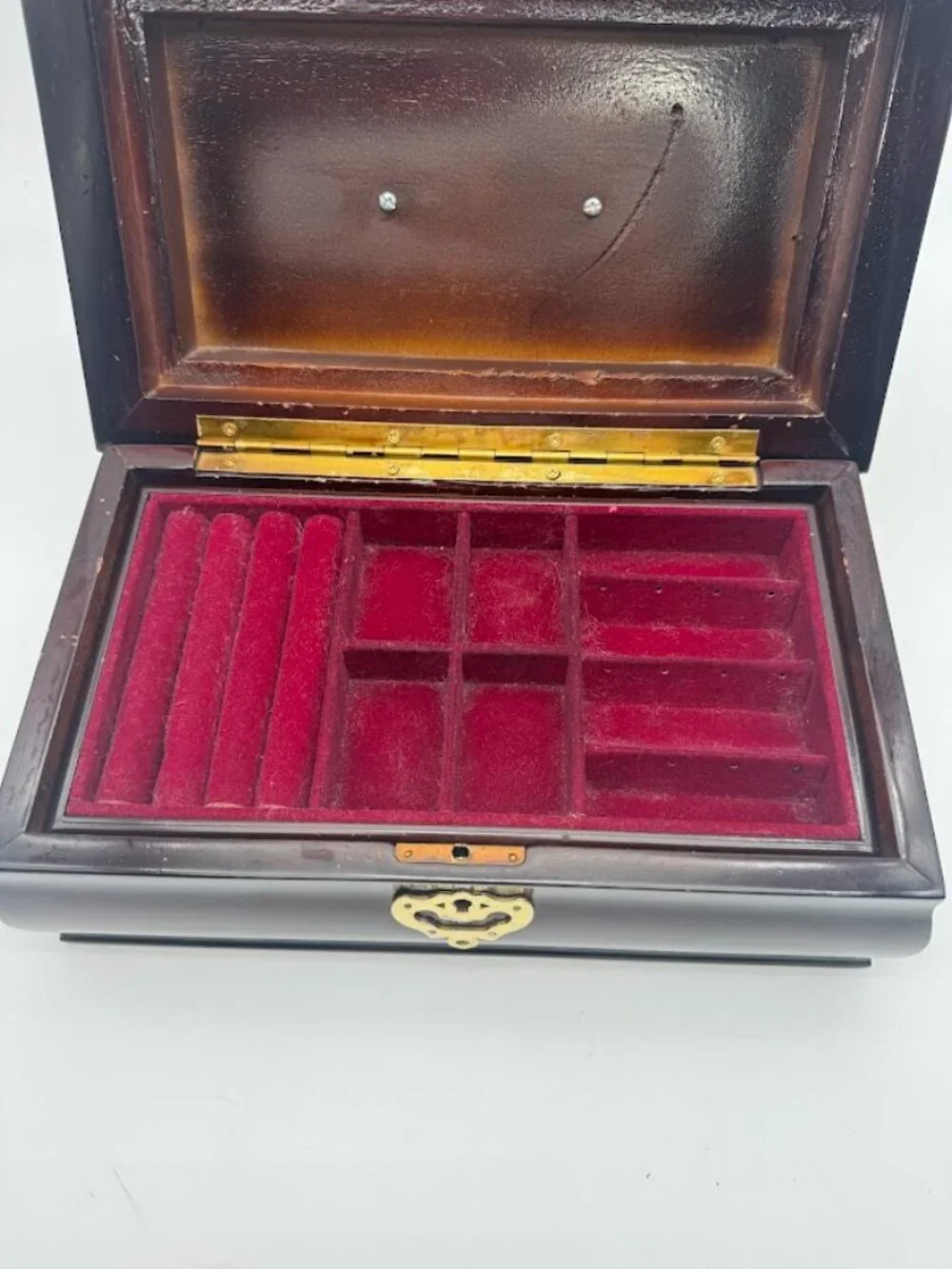 Vintage Mahogany Lacquer Jewelry Box Brass Lock Keys Velvet Lined 12in